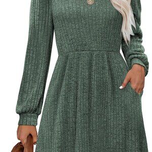 Womens Knit Dress with Pockets Square Neck Long Sleeve Casual holiday